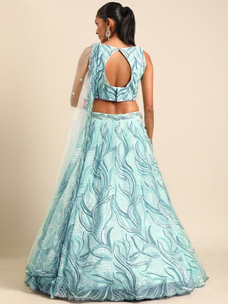 Turquoise Blue Net Sequins, Zarkan and thread embroidery Semi-Stitched Lehenga choli & Dupatta Clothsvilla