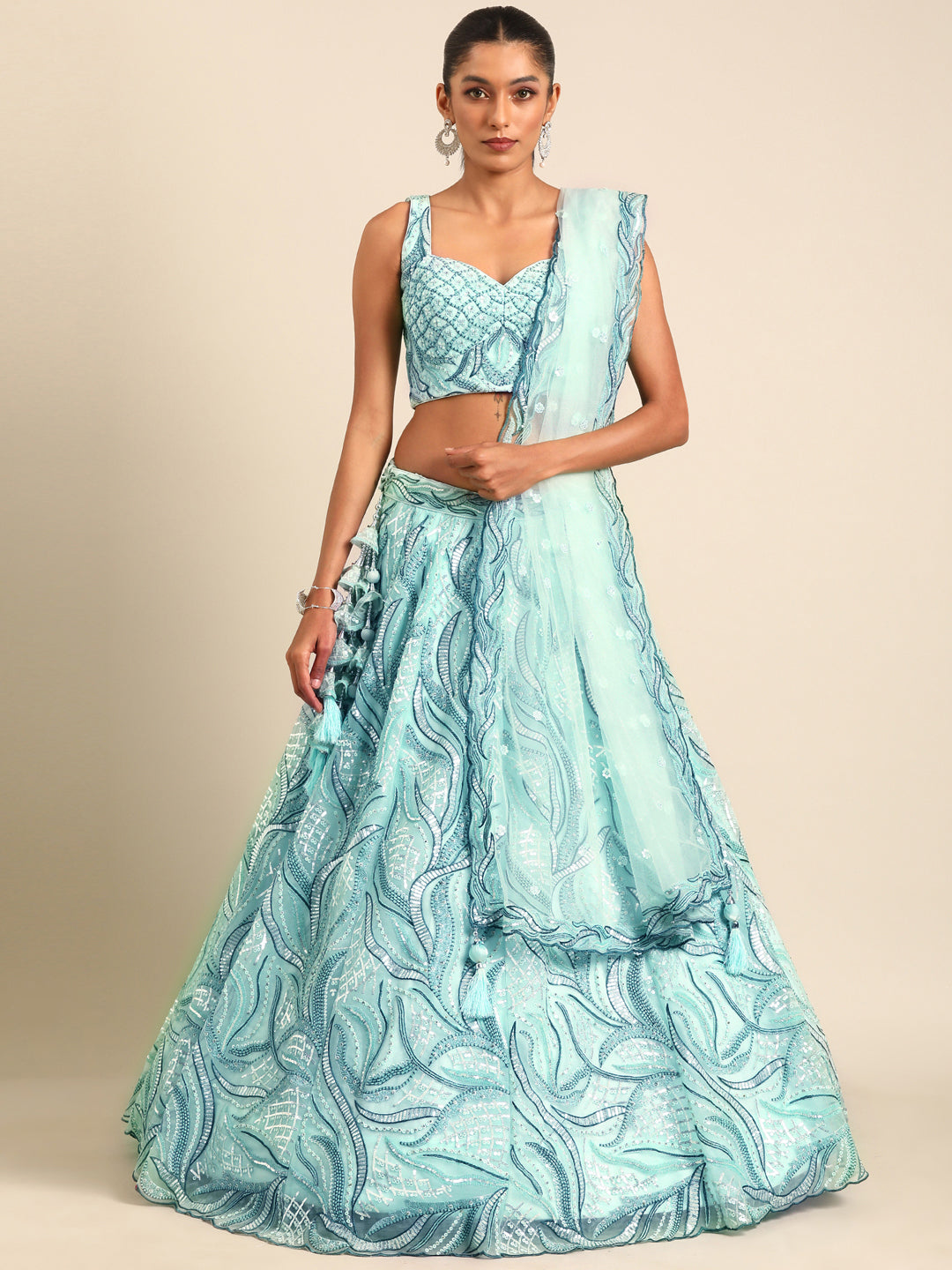 Turquoise Blue Net Sequins, Zarkan and thread embroidery Semi-Stitched Lehenga choli & Dupatta Clothsvilla