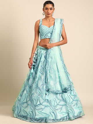Turquoise Blue Net Sequins, Zarkan and thread embroidery Semi-Stitched Lehenga choli & Dupatta Clothsvilla