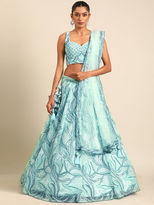 Turquoise Blue Net Sequins, Zarkan and thread embroidery Semi-Stitched Lehenga choli & Dupatta Clothsvilla