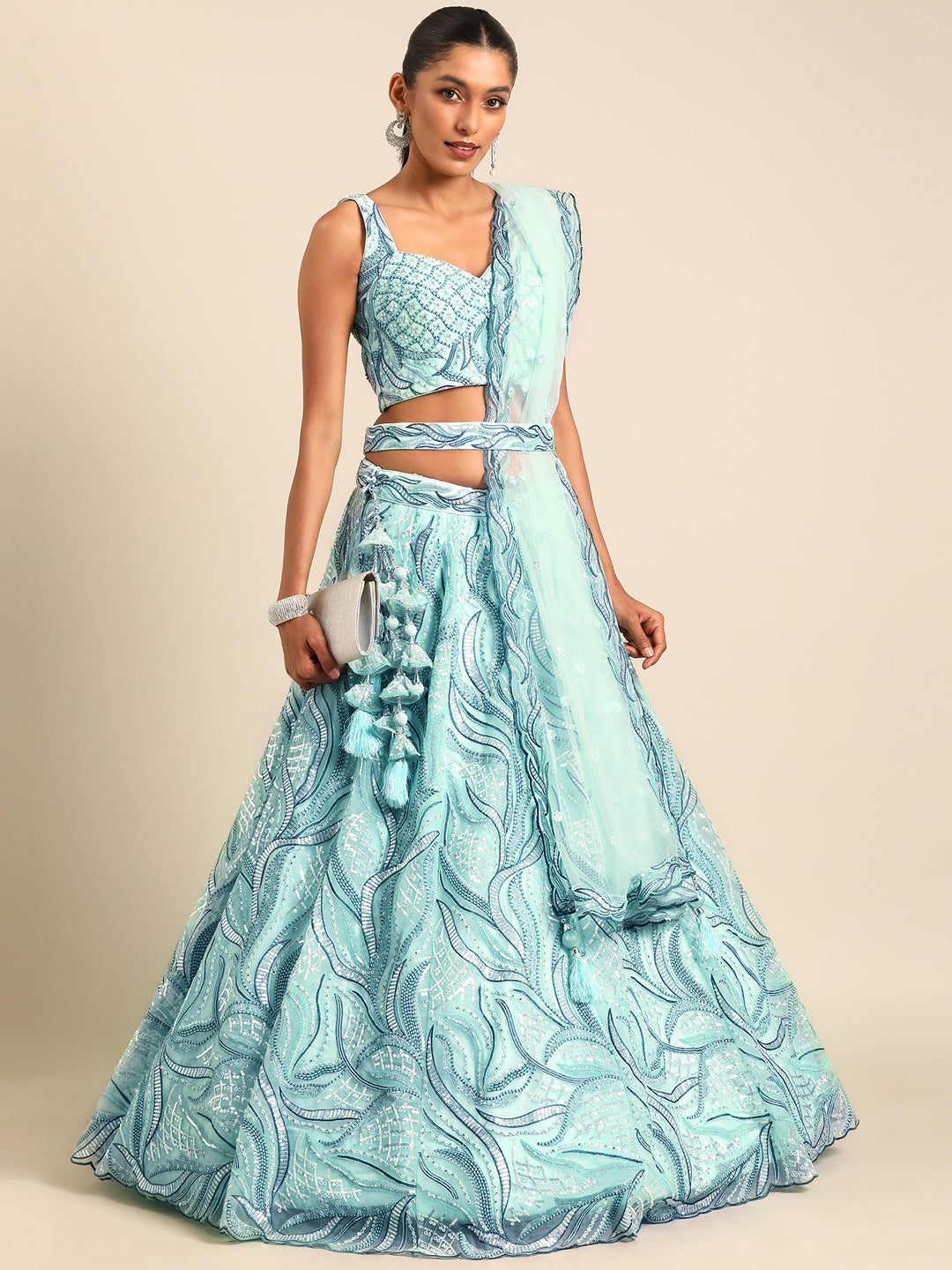 Turquoise Blue Net Sequins, Zarkan and thread embroidery Semi-Stitched Lehenga choli & Dupatta Clothsvilla