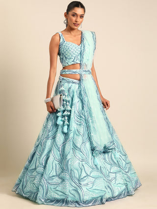 Turquoise Blue Net Sequins, Zarkan and thread embroidery Semi-Stitched Lehenga choli & Dupatta Clothsvilla