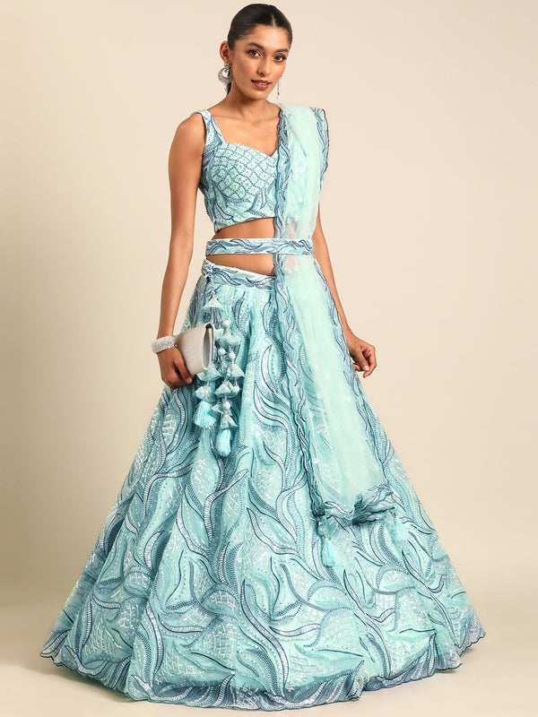 Turquoise Blue Net Sequins, Zarkan and thread embroidery Semi-Stitched Lehenga choli & Dupatta Clothsvilla