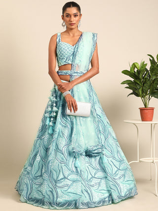 Turquoise Blue Net Sequins, Zarkan and thread embroidery Semi-Stitched Lehenga choli & Dupatta Clothsvilla