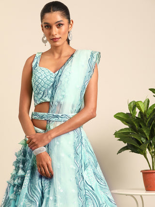 Turquoise Blue Net Sequins, Zarkan and thread embroidery Semi-Stitched Lehenga choli & Dupatta Clothsvilla