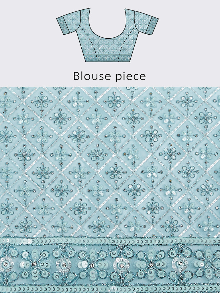 Turquoise blue Net Sequins, Zarkan and thread embroidery Semi-Stitched Lehenga choli & Dupatta ClothsVilla
