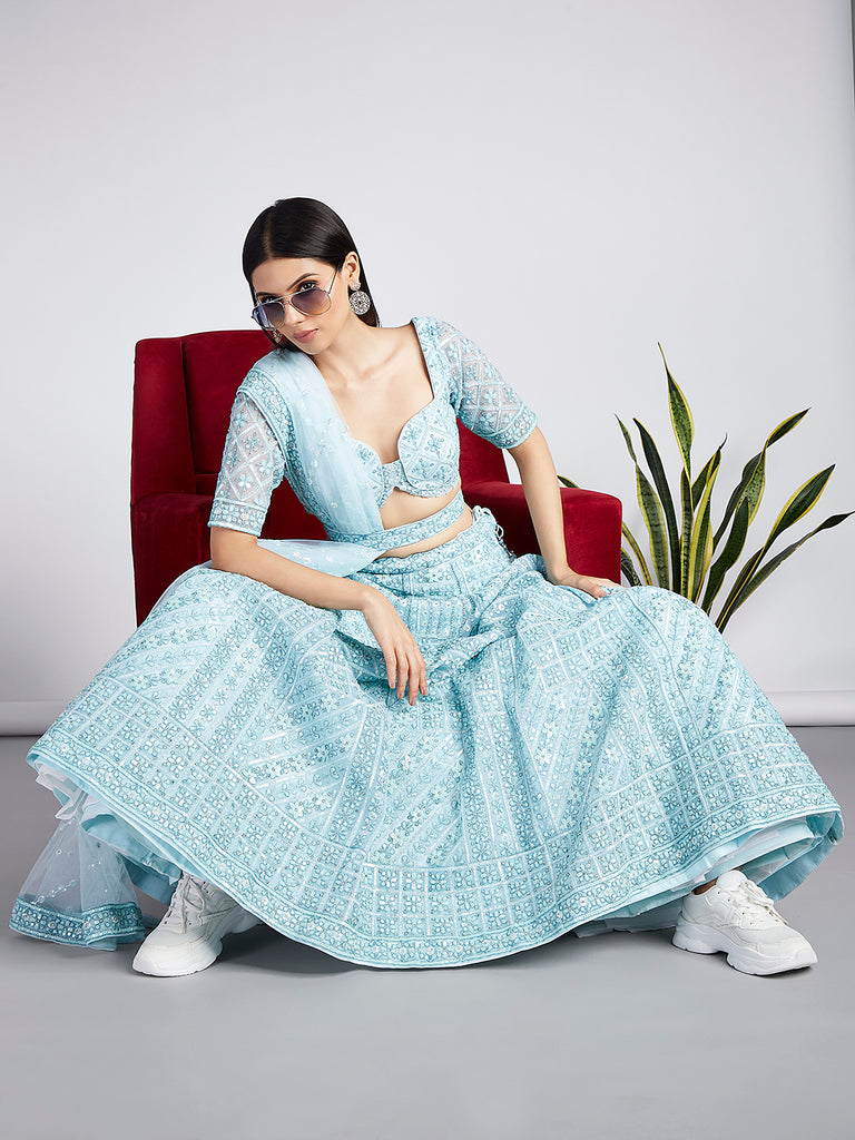 Turquoise blue Net Sequins, Zarkan and thread embroidery Semi-Stitched Lehenga choli & Dupatta ClothsVilla