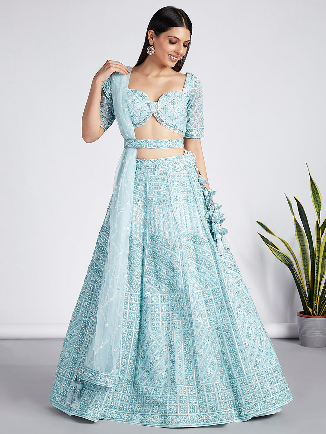 Turquoise blue Net Sequins, Zarkan and thread embroidery Semi-Stitched Lehenga choli & Dupatta ClothsVilla