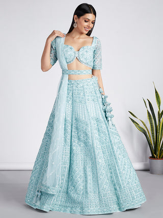 Turquoise blue Net Sequins, Zarkan and thread embroidery Semi-Stitched Lehenga choli & Dupatta ClothsVilla