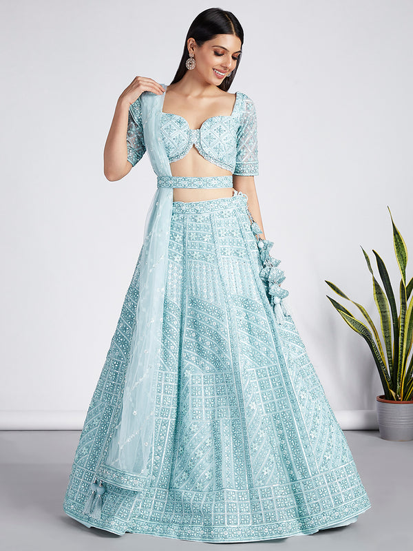 Turquoise blue Net Sequins, Zarkan and thread embroidery Semi-Stitched Lehenga choli & Dupatta ClothsVilla