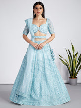 Load image into Gallery viewer, Turquoise blue Net Sequins, Zarkan and thread embroidery Semi-Stitched Lehenga choli &amp; Dupatta ClothsVilla