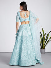 Load image into Gallery viewer, Turquoise blue Net Sequins, Zarkan and thread embroidery Semi-Stitched Lehenga choli &amp; Dupatta ClothsVilla