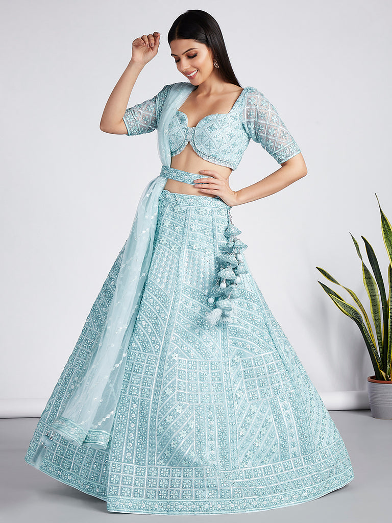 Turquoise blue Net Sequins, Zarkan and thread embroidery Semi-Stitched Lehenga choli & Dupatta ClothsVilla