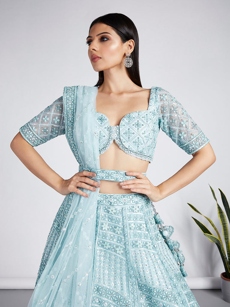 Turquoise blue Net Sequins, Zarkan and thread embroidery Semi-Stitched Lehenga choli & Dupatta ClothsVilla