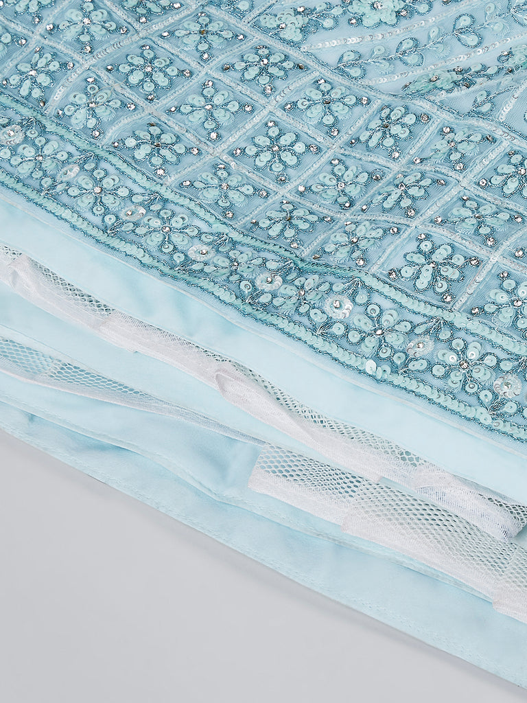 Turquoise blue Net Sequins, Zarkan and thread embroidery Semi-Stitched Lehenga choli & Dupatta ClothsVilla