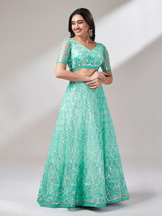 Turquoise Blue Net Sequinse Work Semi-Stitched Lehenga & Unstitched Blouse, Dupatta Clothsvilla
