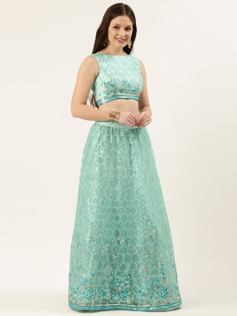 Turquoise Blue Net Sequinse Work Semi-Stitched Lehenga & Unstitched Blouse, Dupatta Clothsvilla