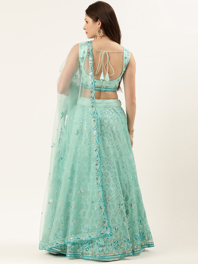 Turquoise Blue Net Sequinse Work Semi-Stitched Lehenga & Unstitched Blouse, Dupatta Clothsvilla