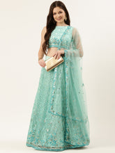 Load image into Gallery viewer, Turquoise Blue Net Sequinse Work Semi-Stitched Lehenga &amp; Unstitched Blouse, Dupatta Clothsvilla