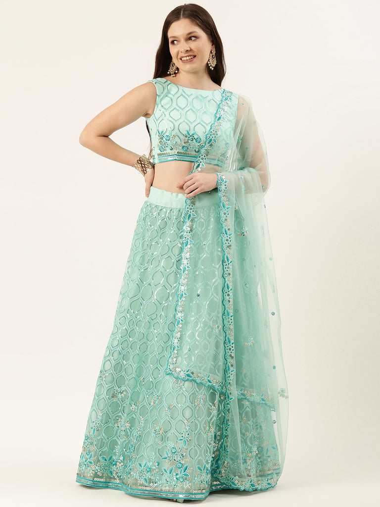 Turquoise Blue Net Sequinse Work Semi-Stitched Lehenga & Unstitched Blouse, Dupatta Clothsvilla