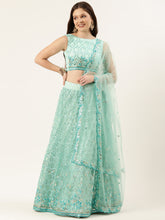 Load image into Gallery viewer, Turquoise Blue Net Sequinse Work Semi-Stitched Lehenga &amp; Unstitched Blouse, Dupatta Clothsvilla