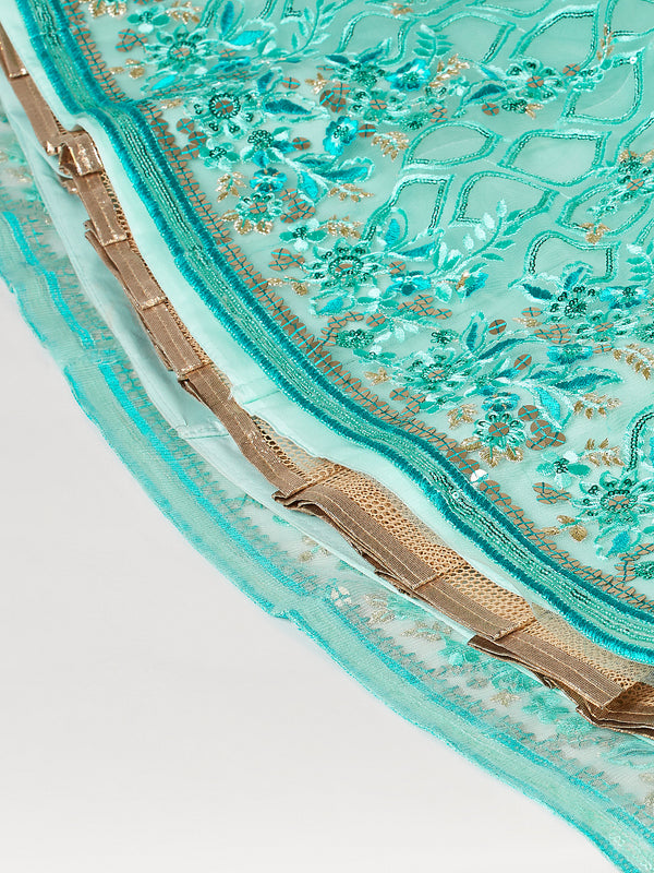 Turquoise Blue Net Sequinse Work Semi-Stitched Lehenga & Unstitched Blouse, Dupatta Clothsvilla