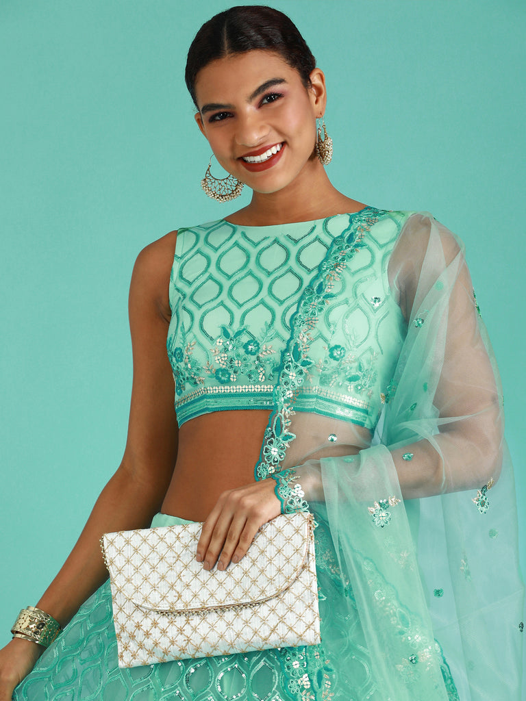 Turquoise Blue Net Sequinse Work Semi-Stitched Lehenga & Unstitched Blouse, Dupatta Clothsvilla