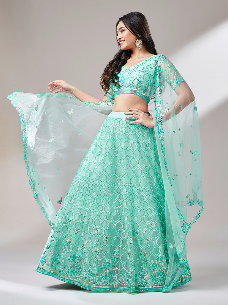 Turquoise Blue Net Sequinse Work Semi-Stitched Lehenga & Unstitched Blouse, Dupatta Clothsvilla