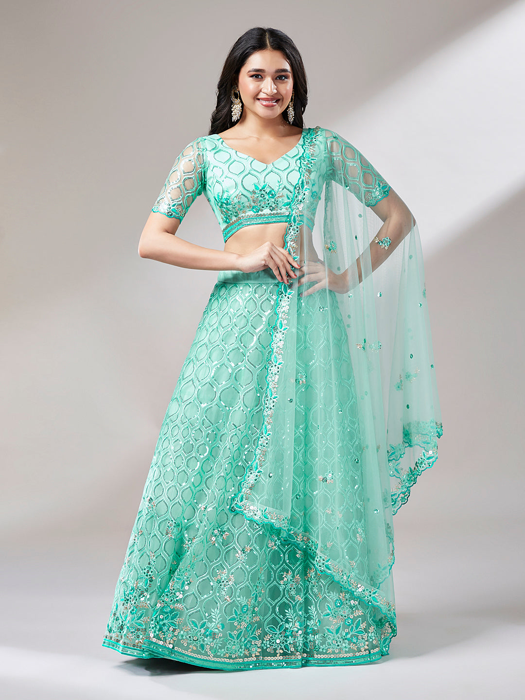 Turquoise Blue Net Sequinse Work Semi-Stitched Lehenga & Unstitched Blouse, Dupatta Clothsvilla