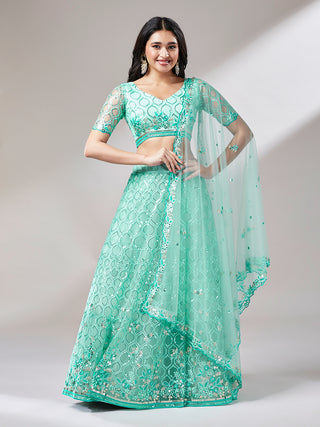 Turquoise Blue Net Sequinse Work Semi-Stitched Lehenga & Unstitched Blouse, Dupatta Clothsvilla