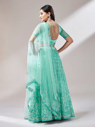 Turquoise Blue Net Sequinse Work Semi-Stitched Lehenga & Unstitched Blouse, Dupatta Clothsvilla