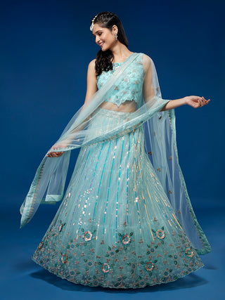 Turquoise Blue Net Sequinse Work Semi-Stitched Lehenga & Unstitched Blouse, Dupatta Clothsvilla