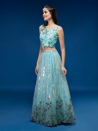 Turquoise Blue Net Sequinse Work Semi-Stitched Lehenga & Unstitched Blouse, Dupatta Clothsvilla