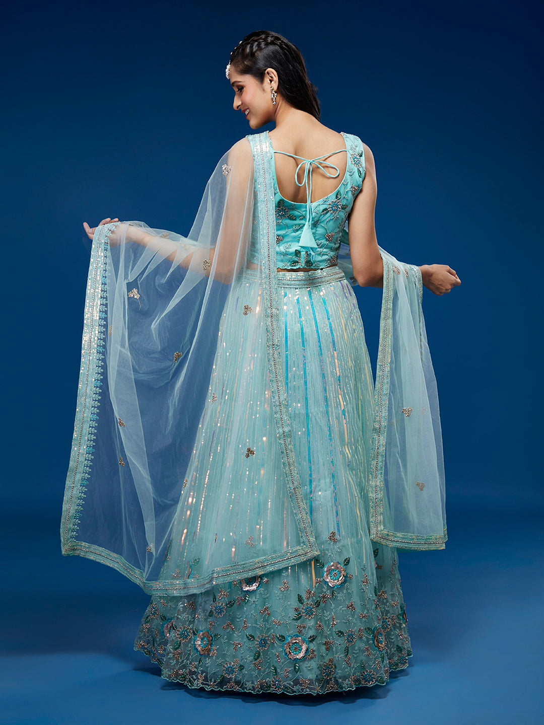 Turquoise Blue Net Sequinse Work Semi-Stitched Lehenga & Unstitched Blouse, Dupatta Clothsvilla