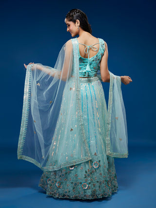 Turquoise Blue Net Sequinse Work Semi-Stitched Lehenga & Unstitched Blouse, Dupatta Clothsvilla