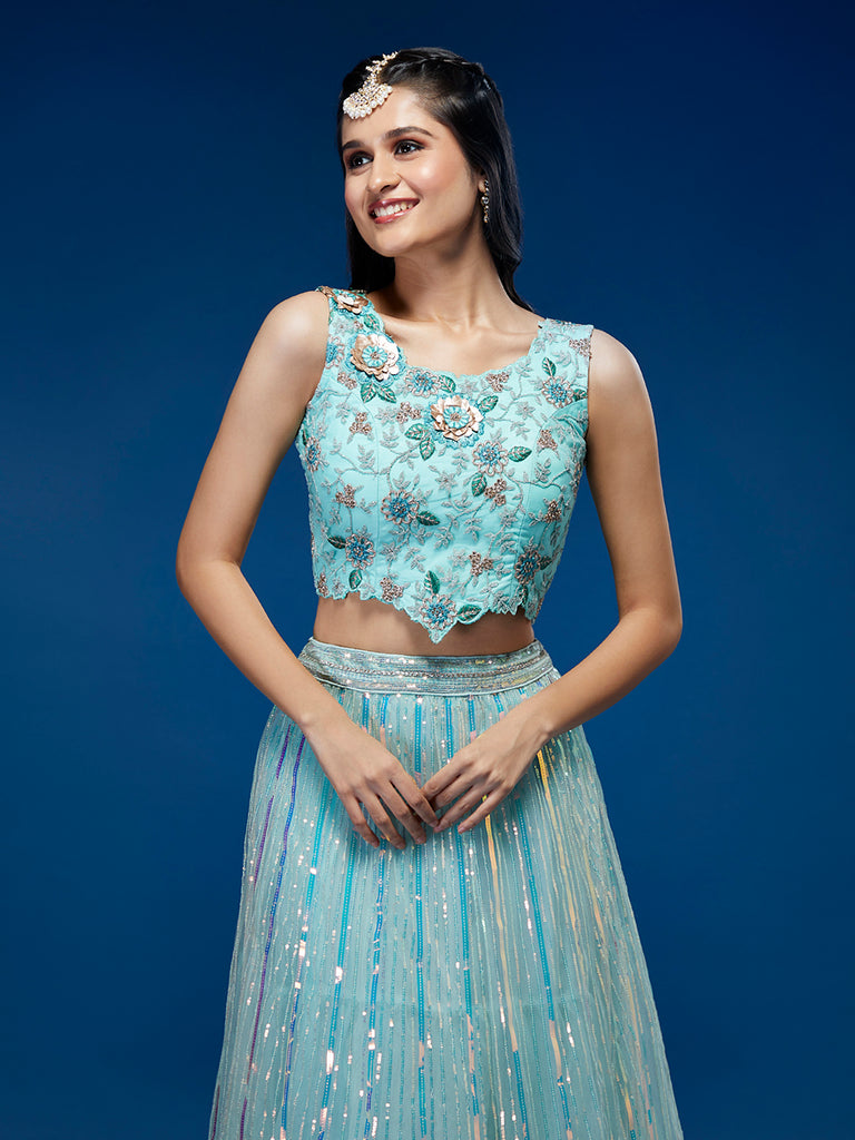 Turquoise Blue Net Sequinse Work Semi-Stitched Lehenga & Unstitched Blouse, Dupatta Clothsvilla