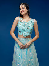 Load image into Gallery viewer, Turquoise Blue Net Sequinse Work Semi-Stitched Lehenga &amp; Unstitched Blouse, Dupatta Clothsvilla