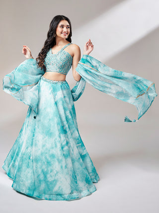Turquoise Blue Organza Floral Printed Semi-Stitched Lehenga choli & Dupatta Clothsvilla