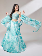 Load image into Gallery viewer, Turquoise Blue Organza Floral Printed Semi-Stitched Lehenga choli &amp; Dupatta Clothsvilla