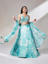 Load image into Gallery viewer, Turquoise Blue Organza Floral Printed Semi-Stitched Lehenga choli &amp; Dupatta Clothsvilla