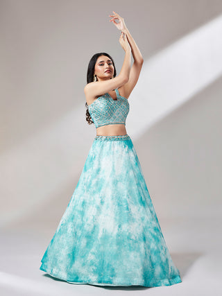Turquoise Blue Organza Floral Printed Semi-Stitched Lehenga choli & Dupatta Clothsvilla