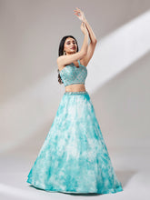 Load image into Gallery viewer, Turquoise Blue Organza Floral Printed Semi-Stitched Lehenga choli &amp; Dupatta Clothsvilla