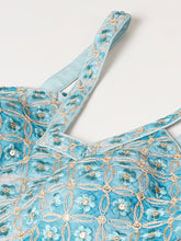 Load image into Gallery viewer, Turquoise Blue Organza Floral Printed Semi-Stitched Lehenga choli &amp; Dupatta Clothsvilla