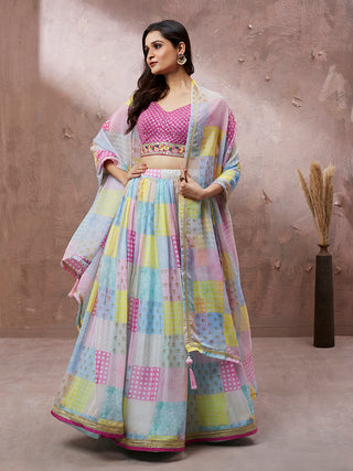 Turquoise Blue Organza Floral Printed Semi-Stitched Lehenga choli & Dupatta Clothsvilla