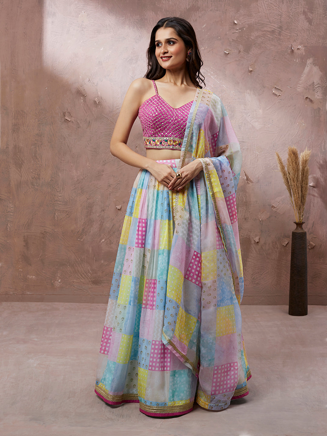 Turquoise Blue Organza Floral Printed Semi-Stitched Lehenga choli & Dupatta Clothsvilla