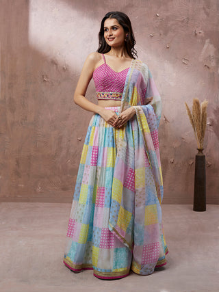 Turquoise Blue Organza Floral Printed Semi-Stitched Lehenga choli & Dupatta Clothsvilla