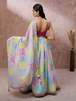 Turquoise Blue Organza Floral Printed Semi-Stitched Lehenga choli & Dupatta Clothsvilla