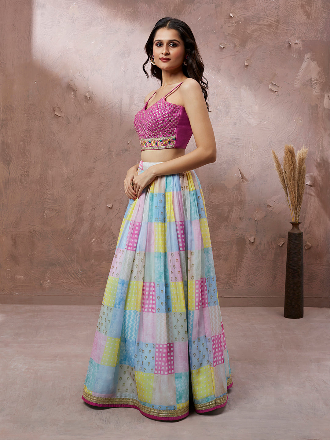 Turquoise Blue Organza Floral Printed Semi-Stitched Lehenga choli & Dupatta Clothsvilla