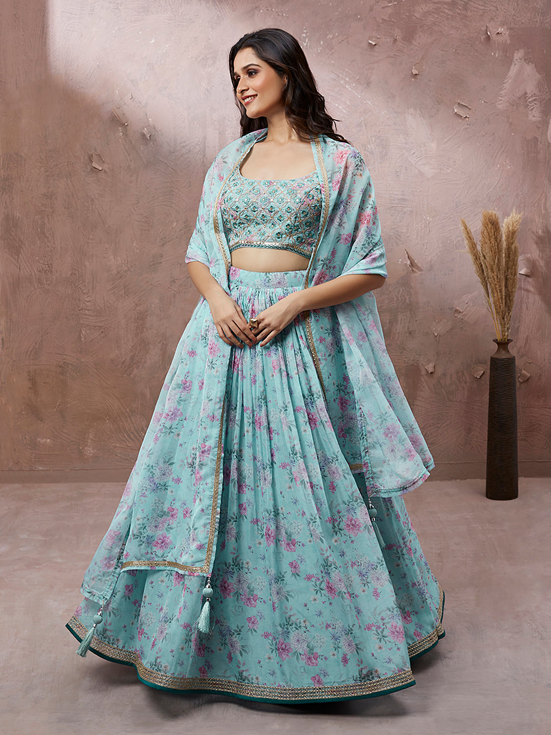 Turquoise Blue Organza Floral Printed Semi-Stitched Lehenga choli & Dupatta Clothsvilla Main image