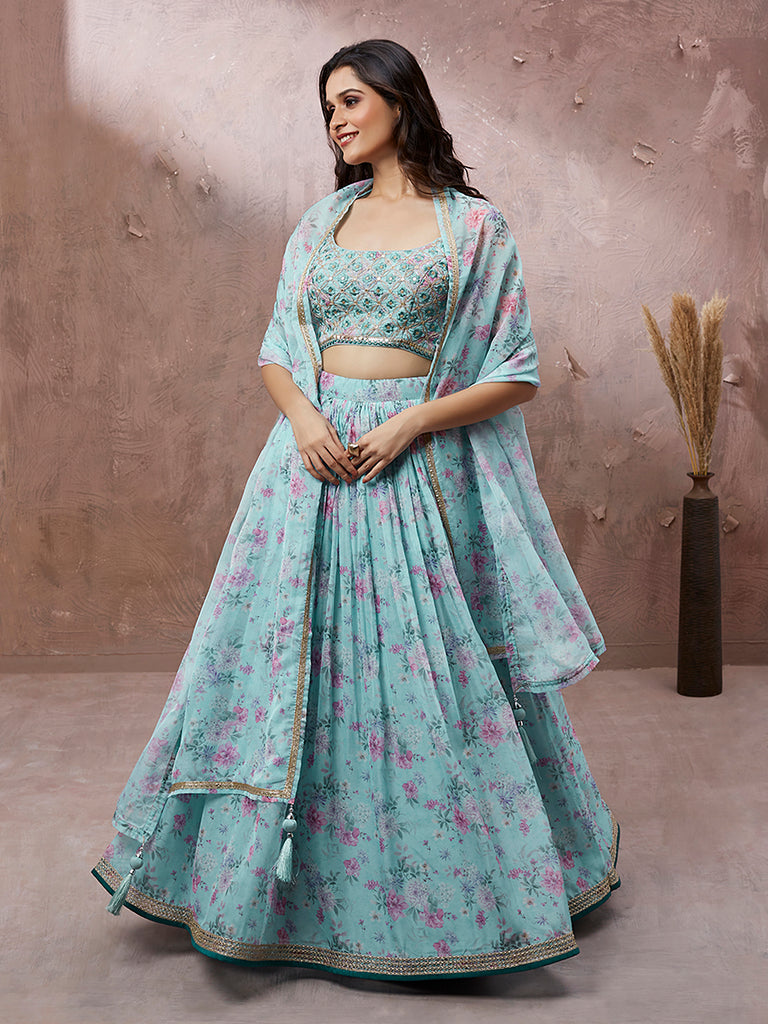 Turquoise Blue Organza Floral Printed Semi-Stitched Lehenga choli & Dupatta Clothsvilla